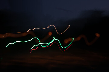 Abstract, colourful light patterns of moving cars shot at night 