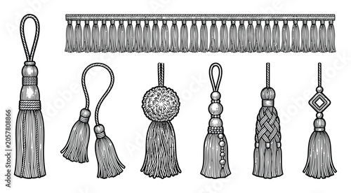 Canvastavla A collection of decorative vintage tassels and fringe trim illustrated in a deta