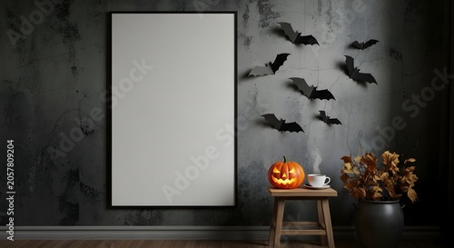 Halloween mockup with blank poster frame on dark grunge wall with bats and pumpkin