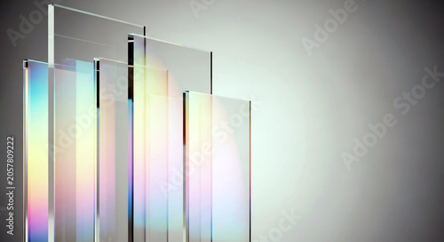 Abstract composition of translucent glass panels with iridescent light reflections