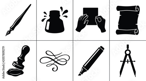 Fotografie Writing and Design Silhouette Icons Featuring Pen, Ink, Hands, Scroll, Wax Seal,