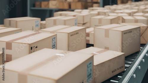 Parcels stamped Made in India driving manufacturing exports scrolling on a conveyor in a seamless CG loop. Global export logistics, manufacturing news, supply chain updates.
