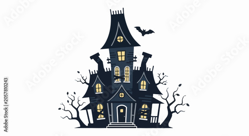 Spooky, tall, dark haunted house with a bat flying above