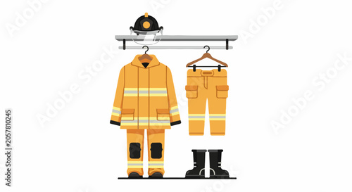 Uniform, helmet, and boots for a rescuer, arranged neatly