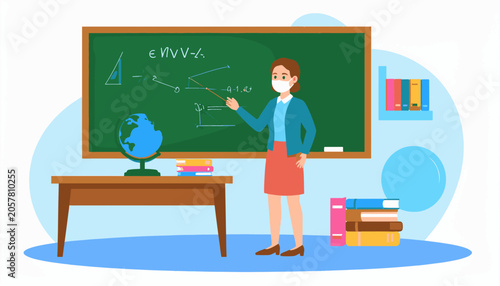 Teacher in mask instructs class with globe and math formulas on blackboard