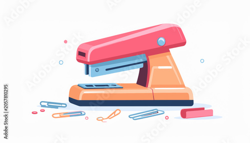 A stylish, minimalist desk stapler and office supplies on a white background