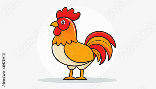 Cartoon rooster with vibrant red and orange plumage, standing proudly