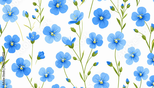 Delicate blue flax flowers bloom on green stems against a white backdrop