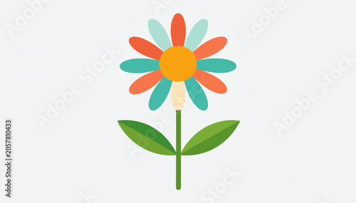 Simple cartoon flower with orange center, alternating orange, teal petals, and green leaves