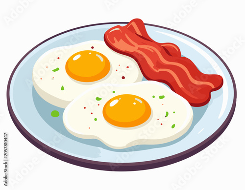 A plate of two fried eggs and bacon with a light blue rim