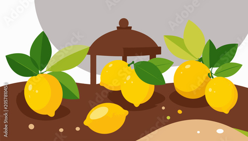 Stylized lemons with green leaves arranged on brown surfaces under a brown structure