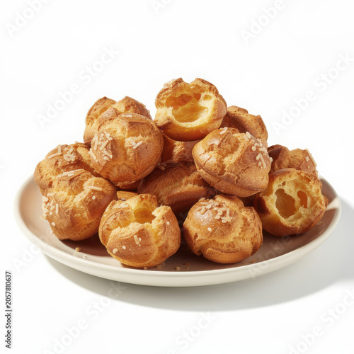French Gougères Cheese Puffs with Golden Cracked Choux Pastry Shells Isolated on White Background
