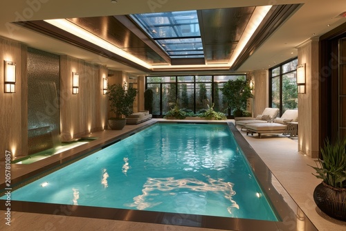 Indoor swimming pool with turquoise water and skylight in a luxury spa resort with warm ambient lighting for high-end real estate marketing
