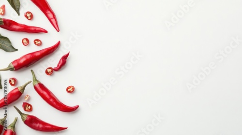 Fresh red chili peppers on white background with copy space for packaging