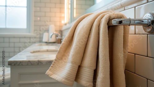 Soft Beige Towel Hanging on Metal Bar in Modern Bathroom