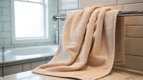Soft Beige Towel Hanging on Metal Bar in Bright Bathroom
