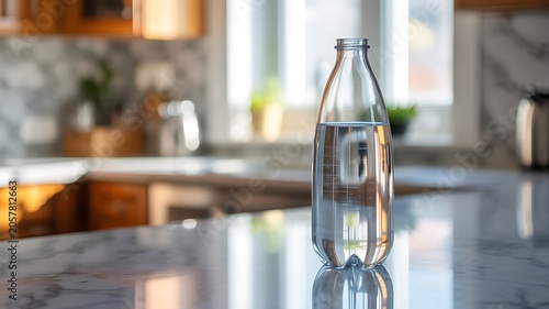 Clear Glass Bottle Filled with Water on Kitchen Countertop