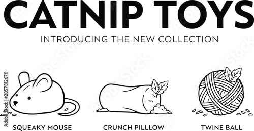 Canvastavla Catnip toy collection set with mouse pillow and twine ball collection illustrati