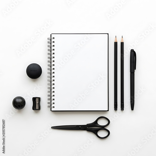 Flat lay of black office supplies on white background  notebook  pencils  pen  scissors