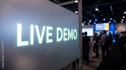 Live demo sign at a buzzing tech conference, attracting visitors to a vibrant tradeshow booth in an exhibition hall