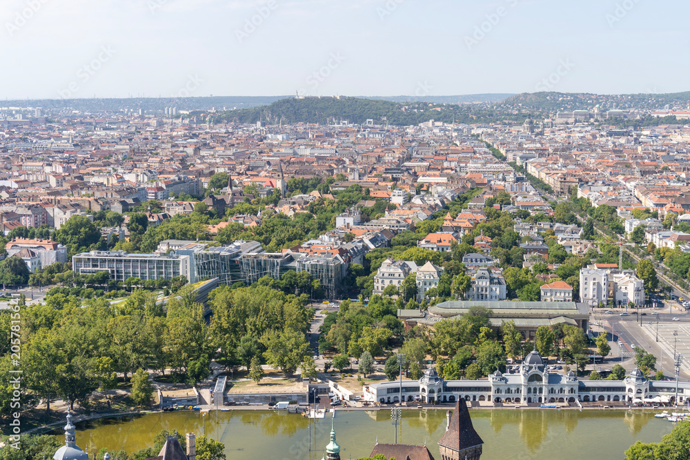 Fototapeta premium Panoramic cityscape of Budapest from the air with residential buildings and green areas
