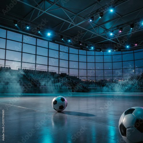 Soccer balls sit alone on the polished floor of a modern indoor stadium arena under glowing dramatic spotlights.