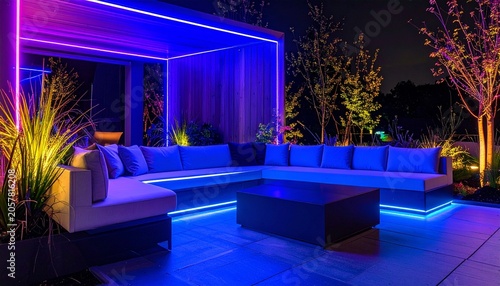 Luxurious Outdoor Lounge with Vibrant Neon Lighting at Night.