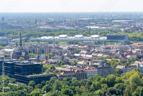 Photography Panoramic cityscape of Budapest from the air with residential buildings and gree