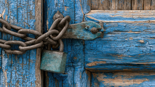 Blue wooden door chain padlock weathered paint old wood close up secure lock rustic texture