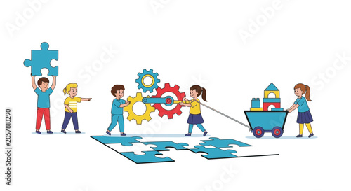Children playing with colorful puzzle and gears illustration.