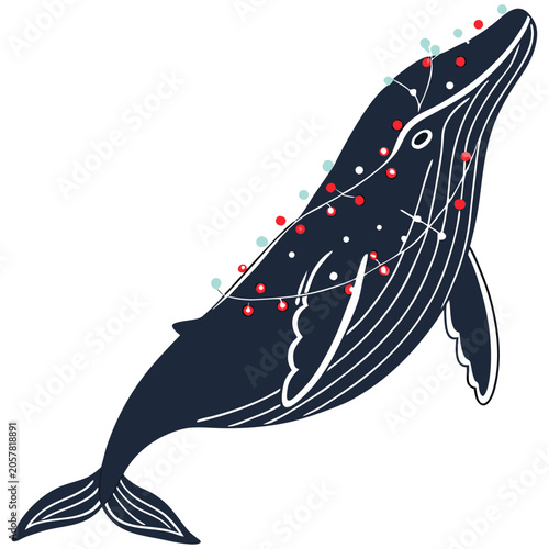 Humpback Whale with Christmas Lights Silhouette Vector Illustration Isolated on White