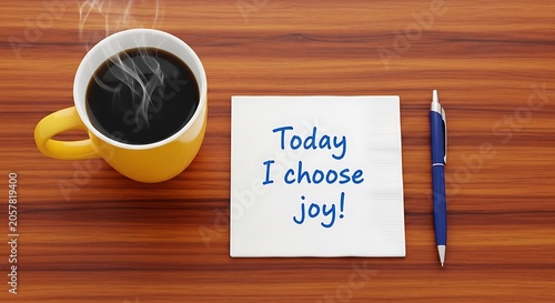 Inspirational message Today I choose joy on white napkin, steaming cup of black coffee in yellow mug, morning motivation on wooden desk