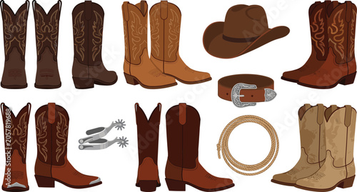 Tableau sur toile Wild West Cowboy Boots and Accessories Vector Icon Set with Leather Hat Belt Spu