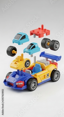 Colorful toy cars and trucks set on white background.