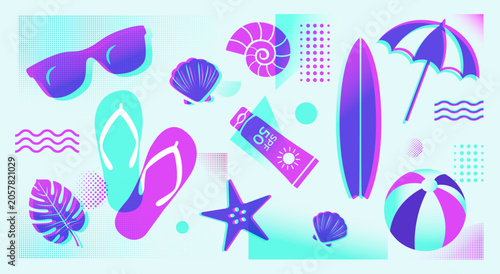 summer beach essentials risograph vector illustration set with halftone texture color separation tropical vacation objects retro print style