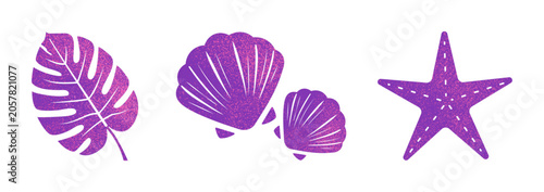 purple tropical leaf seashell and starfish risograph texture png set isolated transparent background