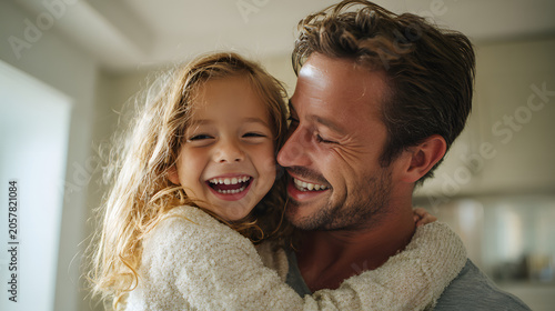 happy father holding young daughter, laughing together, authentic family moment, natural light, emotional commercial photography, father's day concept