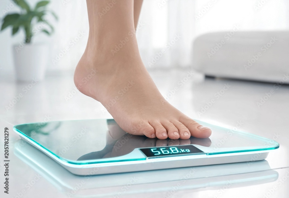 Fototapeta premium Bare feet standing on a digital bathroom scale in a bright minimalist room, symbolizing wellness, fitness, weight management, healthy lifestyle, and self-care.