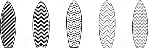 Collection of five stylized surfboards with distinct abstract black and white graphic patterns isolated on transparent background