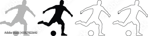 Four stylized graphic representations of a soccer player kicking a ball isolated on a transparent background