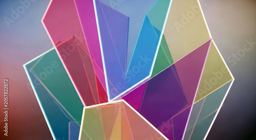 Abstract geometric background with colorful translucent crystal shapes and overlapping transparent planes