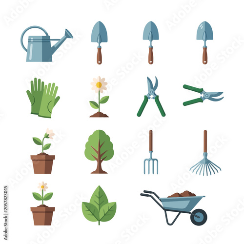 Colorful gardening tools and plants illustration set.