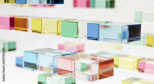 Abstract composition of colorful translucent glass blocks floating in space