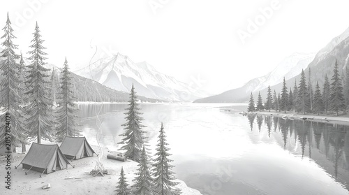 Serene mountain lake landscape with evergreen trees reflected in calm water.