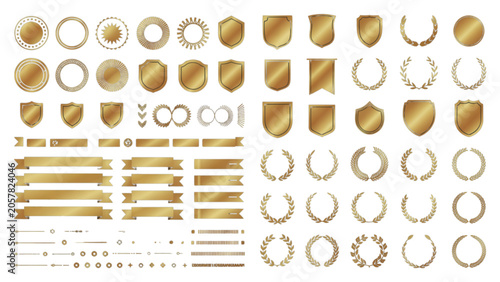 Set of golden luxury shields banners and laurel wreaths for award design elements on a premium metallic style collection Vector