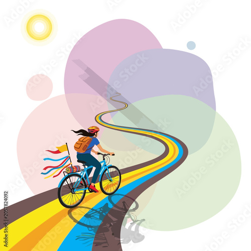 Colorful illustration of a woman cycling on a vibrant road.