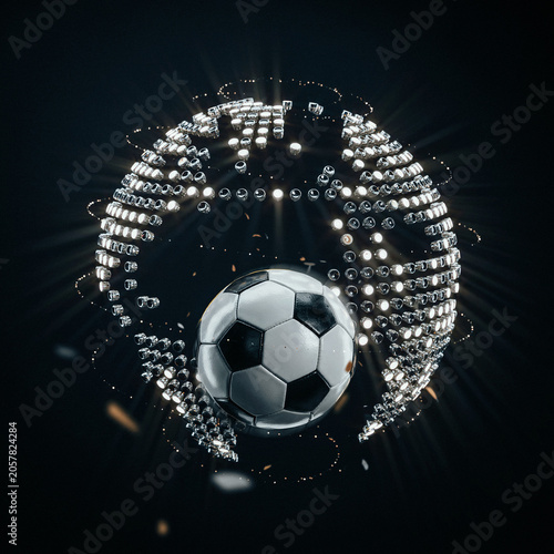 Soccer ball floats in the center of a glowing digital globe made from thousands of small bright light particles.