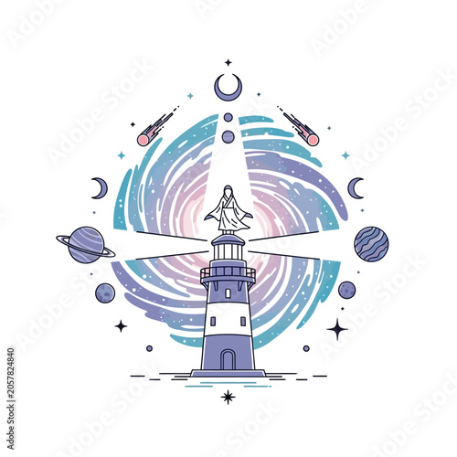 Colorful lighthouse with cosmic and celestial elements illustration.