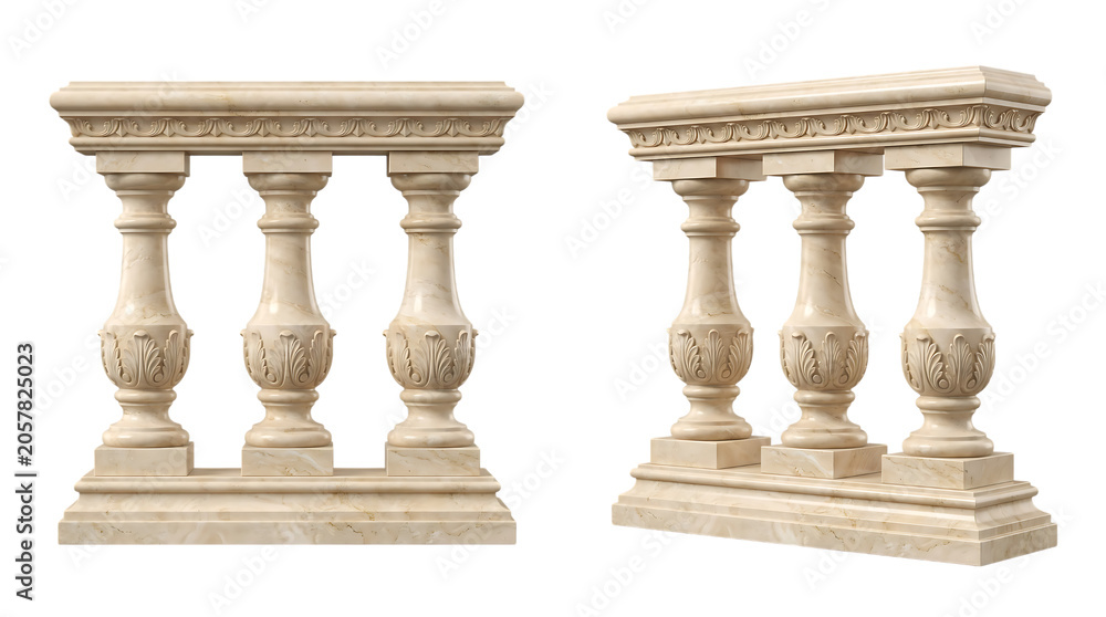 Fototapeta premium Elegant marble balustrade with ornate carvings, two different perspectives showcasing classical architectural element, perfect for grand staircases, balconies, or garden designs.