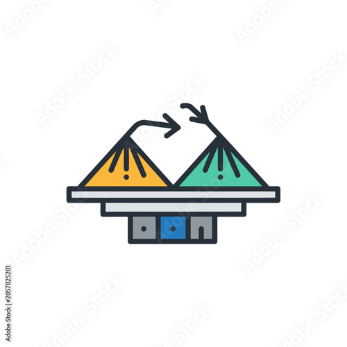 Colorful mountain peaks with arrow and laptop icon.